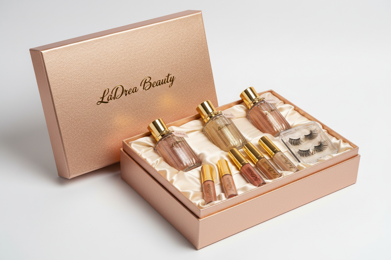 A makeup get with body shimmer oils, lashes and lip glosses all branded from LaDrea beauty 