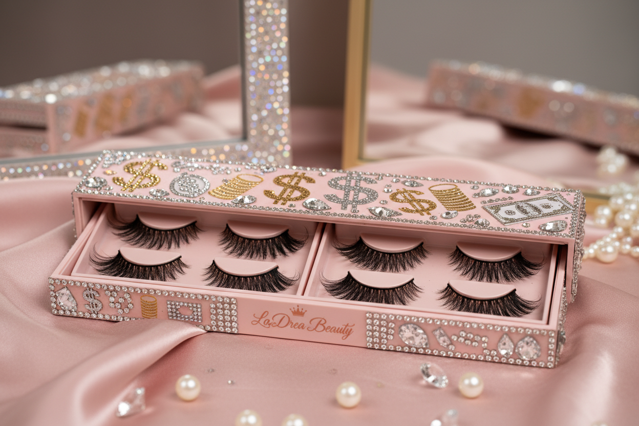 Lashes in a pink money diamond slide tray from LaDrea Beauty